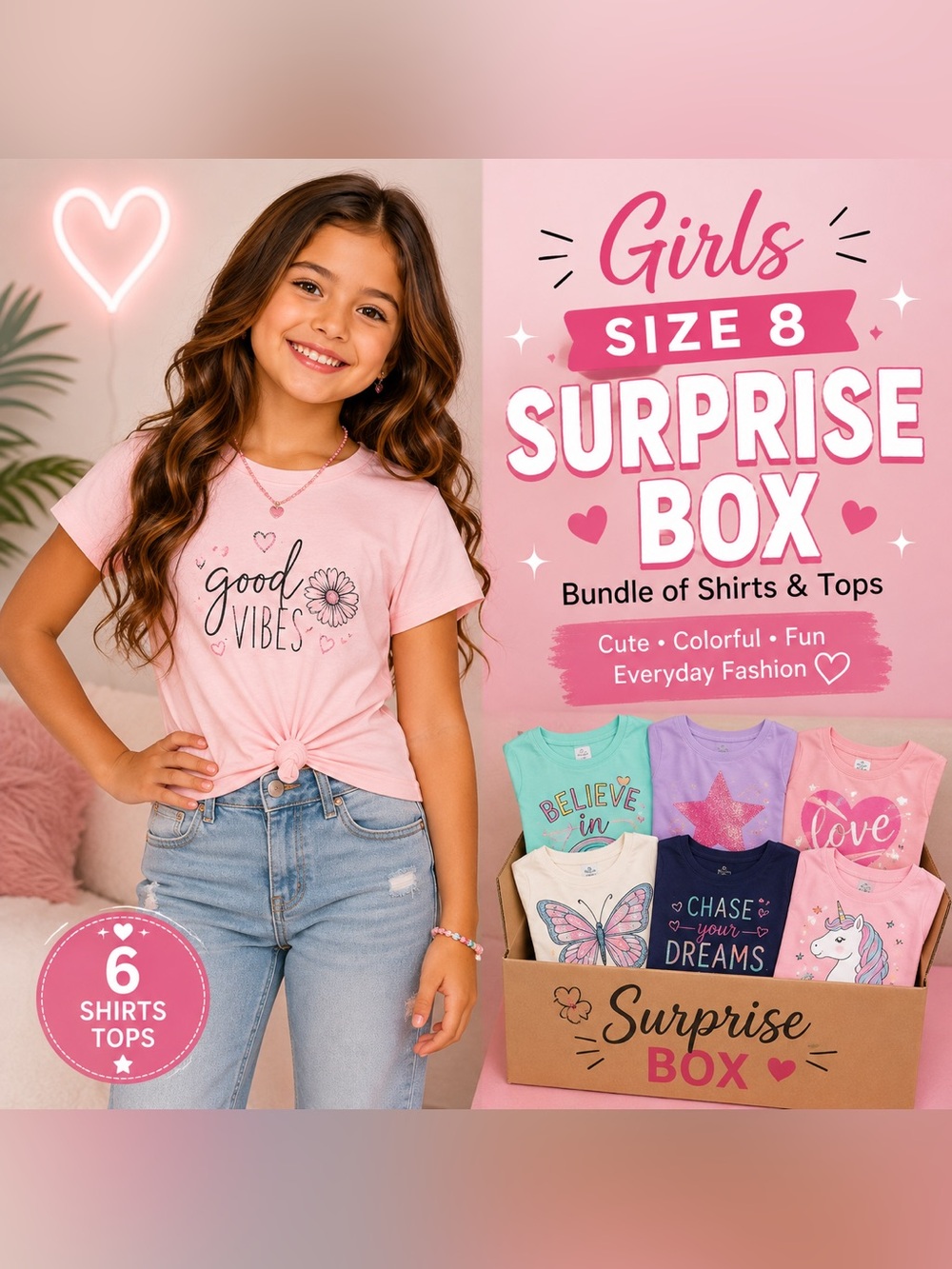 Girls Size 8 Surprise Box Bundle Fashion Shirts Tops Cute Everyday Clothing